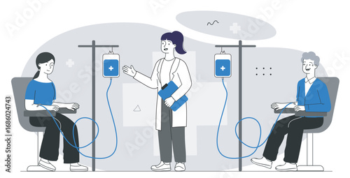 Blood transfusion in hospital. Doctor, together with donor and patient, performs blood transfusion. Treatment of diseases. Charity and volunteering. Linear vector illustration