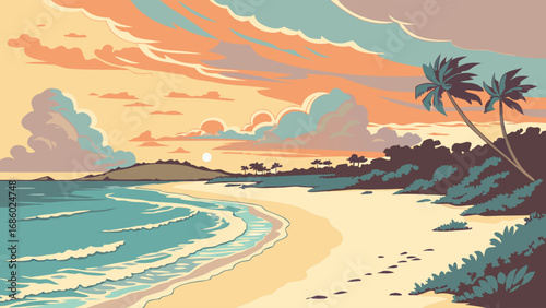 Tropical Beach Sunset Landscape Ocean Waves Palm Trees Summer Vacation Illustration Idyllic Seaside Scene Coastal Art Holiday Background Travel Poster Design.