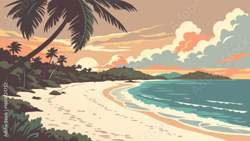 Tropical beach sunset landscape palm trees ocean waves sandy shore summer vacation idyllic scenery tranquil scene coastal view holiday background travel illustration paradise beach seaside sunset on .