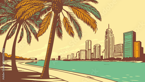 Tropical Cityscape Illustration Palm Trees Ocean and Skyline in Vintage Style.