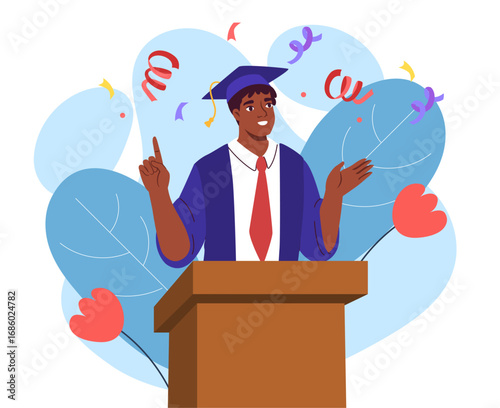 Boy at graduation. Teenager with graduation hat speaks on podium. Student successfully completed studies. Aspiration specialist and bachelor. Education and learning. Flat vector illustration