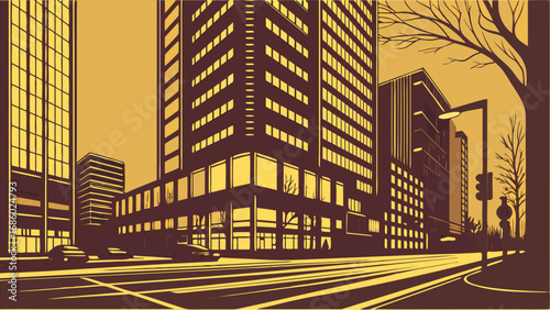 Urban cityscape at dusk stylized illustration city street scene buildings modern architecture evening light streetlights traffic yellow and brown tones vector art graphic design city illustration urb.