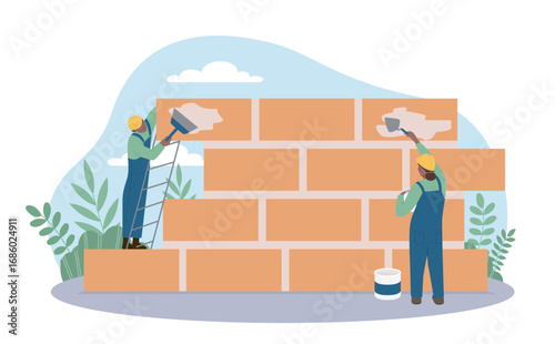 Builders building wall. Men in uniform and helmets lay bricks. Construction, architecture and engineering, building. Stonemason and bricklayer. Flat vector illustration