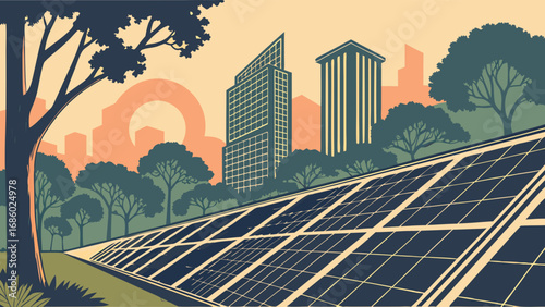 Urban Landscape with Solar Panels Green Energy Sustainable City Eco-Friendly Design Renewable Energy Source Environmental Conservation Cityscape Illustration Clean Energy Solar Power Modern Architect.