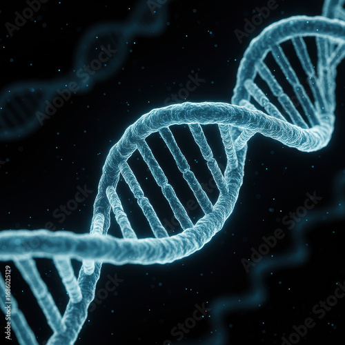 Double helix DNA glows intensely, symbolizing advancement of biotechnology. holographic representation unveils intricate genetic information