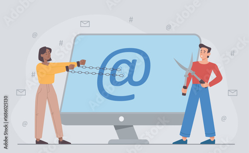 People with gadget addiction. Man with scissors near woman tied to computer. Addiction to social networks and content. Mental and psychological problems. Flat vector illustration