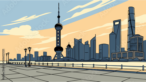 Urban Skyline Illustration Cityscape at Sunrise Modern Architecture Vector Art Panoramic View.