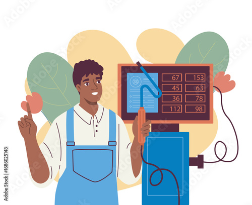 Man with gas analyzer. Young guy in work uniform near gas meter. Auto mechanic repairs transport. Repairman check automobile systems. Maintenance work. Flat vector illustration