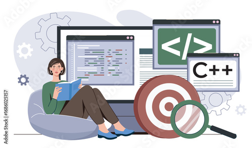 Frontend development concept. Woman with book sits near program code. Programmer and IT specialist studies programming language. Development of pages for website. Flat vector illustration