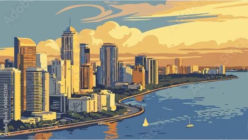 Urban Skyline at Sunset Cityscape with Waterfront and Sailboat.