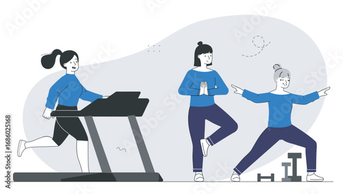 Women in gym. Girls of different ages exercise in gym. Fitness and workout. People with treadmill and dumbbells. Training and active lifestyle. Linear vector illustration