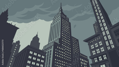 Urban Skyline Illustration Dramatic Cityscape at Dusk Dark Clouds Tall Buildings Evening City Vector Art Architectural Design Modern City Night Cityscape Stormy Weather City Architecture Skyscrapers .