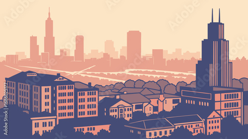Urban Skyline Illustration Cityscape View Buildings Architecture Modern City Downtown High-rise Buildings Sunset Dusk Evening Vector Graphic Urban Landscape Cityscape Background Architectural Design .