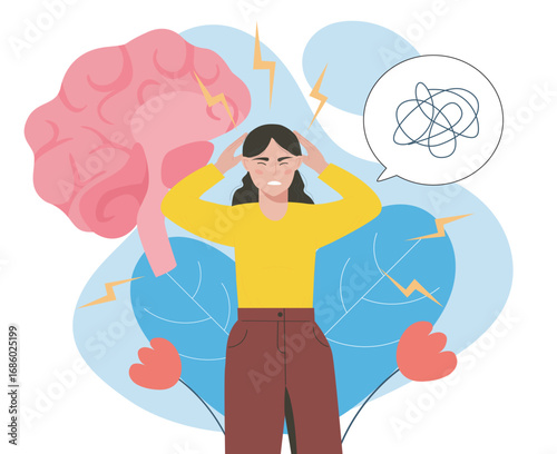 Woman suffers from headache. Young girl holds her head with her hands near. Mental and psychological problems. Migraine and head ache. Illness and disease. Flat vector illustration