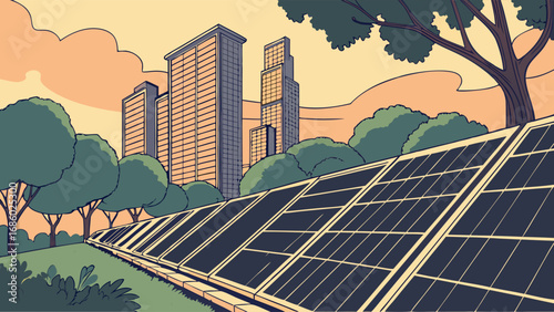 Urban Solar Panels Green Energy Cityscape Illustration Sustainable Power Eco-Friendly Technology.