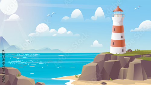 Lighthouse on shore. Red and white building on coastline. Signal for sea travelers. Beacon for marine travelers and nautical vessels. Cartoon vector illustration