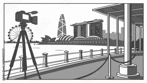 Video camera on tripod filming city skyline illustration.