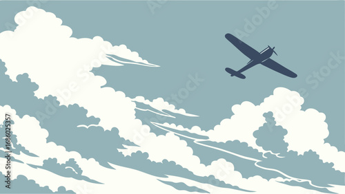 Vintage Airplane Flying Above Fluffy Clouds A Retro Style Illustration.