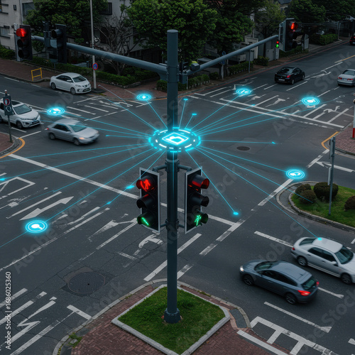 Traffic light and network lines illustrate seamless connectivity, creating sense of intelligent control and tech enhanced urban landscape