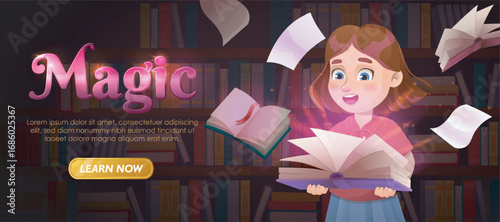 Magic of reading landing page. Girl with book in hands. Fantasy and magic, imagination. Love of reading and literature. Poster or banner for website. Cartoon vector illustration