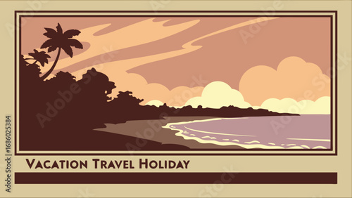 Vintage beach sunset landscape tropical vacation travel poster design summer holiday illustration ocean waves palm trees silhouette idyllic coastal scene tranquil seaside view getaway travel advert s.