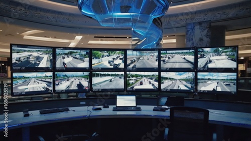 High-tech surveillance control room with multiple monitors showing live traffic footage, representing real-time monitoring, public safety, urban security systems, intelligent transportation management