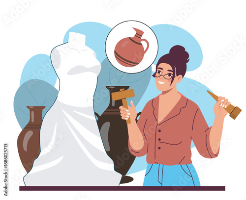 Woman makes sculpture. Young girl with hammer and chisel processes stone. Hobby and leisure. Craftswoman in studio or workshop. Talented sculptor. Flat vector illustration