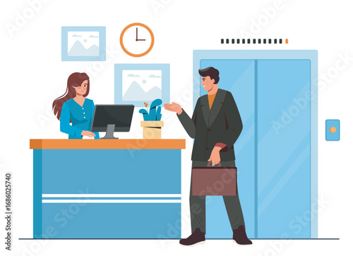 Person rides elevator. Man in suit with briefcase at reception in business lounge. People waiting for elevator in office. Colleagues indoor. Flat vector illustration