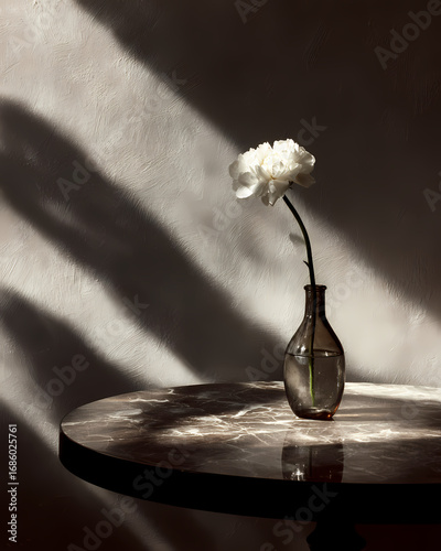 A serene moment captured a single white flower in a clear vase stands gracefully on a minimalist table, bathed in natural light and intricate shadow patterns