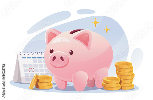 Piggy bank with coins. Cute piggy bank near golden coins and calendar. Accounting and budgeting. Financial literacy and passive income. Deposit in bank. Cartoon vector illustration
