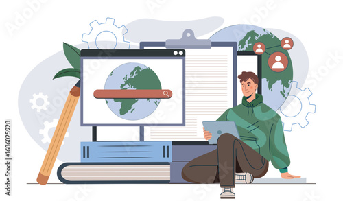 Man sits on social networks. Young guy with tablet watches content on social networks and messengers. User on internet. Leisure and rest. Flat vector illustration