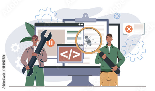 Software testing concept. Men with key and magnifying glass evaluate code of program or application. Programmers and IT specialists fix errors in code. Flat vector illustration