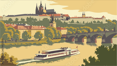 Vintage Riverboat Cruise Past Historic Cityscape Illustration.