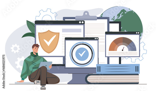 Software testing concept. Man with tablet near computer with programs. Programmers and IT specialists fix errors in code. Coding and programming. Flat vector illustration