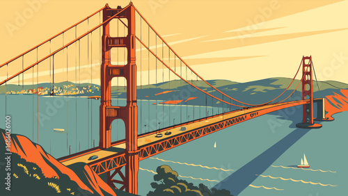 Vintage Style Suspension Bridge Over Water with Scenic View.