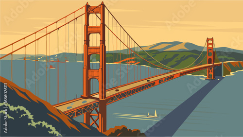Vintage Style Suspension Bridge Over Water Scenic Landscape Illustration.