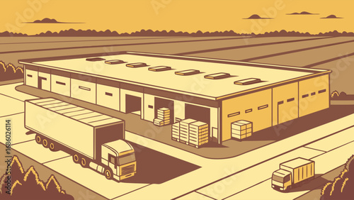 Warehouse Distribution Center Logistics Cargo Trucks Delivery Shipping Transportation Industrial Business Commerce Goods Freight Factory Packages Boxes Parcels Supply Chain Distribution Export Import.