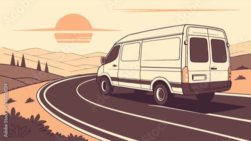 White Delivery Van Driving on Winding Road at Sunset Scenic Landscape Illustration.