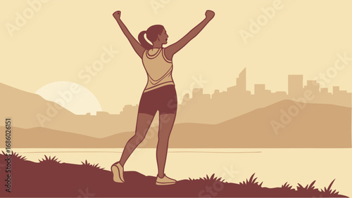 Woman celebrating achievement overlooking city skyline at sunset vector illustration.