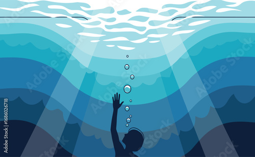 Person Reaching Out from Underwater Surrounded by Blue Waves