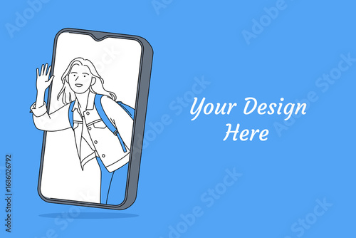 Cheerful Woman Waving from Smartphone Screen – Social Connection Concept