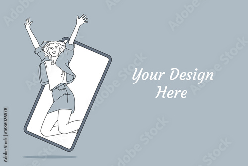 Excited Woman Jumping Out of Smartphone Screen – Freedom in Digital World