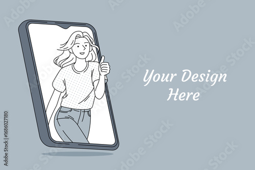 Smiling Woman Giving Thumbs Up While Emerging from Smartphone – Positive Communication