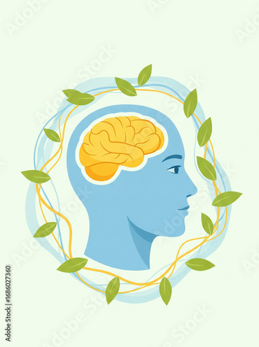 A stylized illustration of a human head with a brain, representing mental wellness and growth.