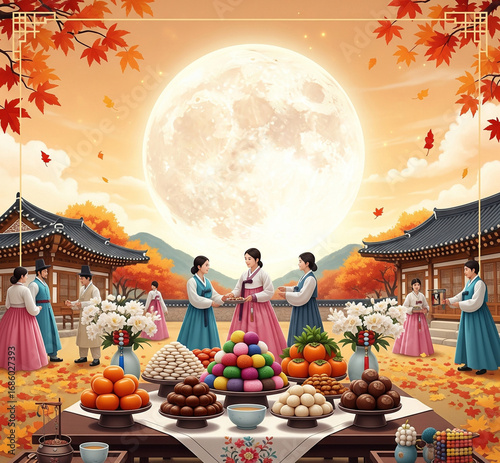 Korean Chuseok Festival with people in hanbok, traditional food, and a full moon.