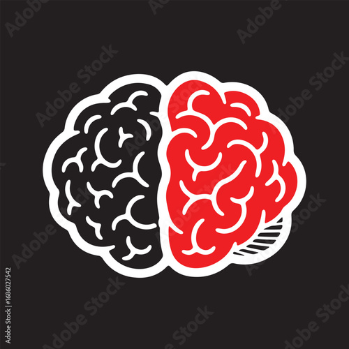 Human brain displaying two hemispheres with red and black colors representing different functions on a dark backdrop, showcasing duality and complexity.