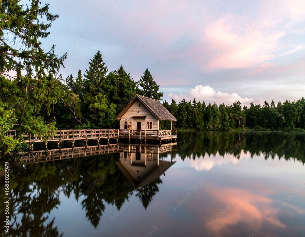 Fototapeta premium Lakeside cabin at sunset