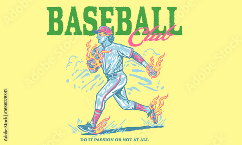 Baseball Club. Vintage artwork of flaming baseball player for t shirt print, poster, sticker. Retro sports league vector graphic.