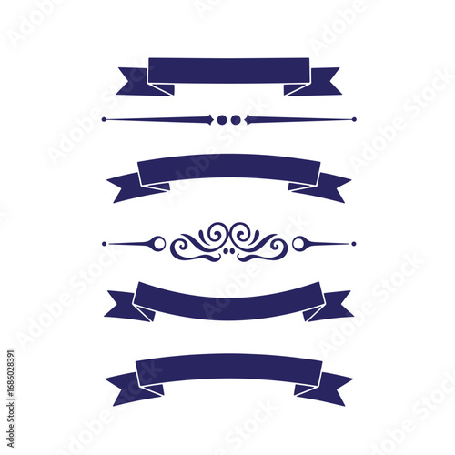 Collection of decorative navy blue banners dividers and ornamental design elements