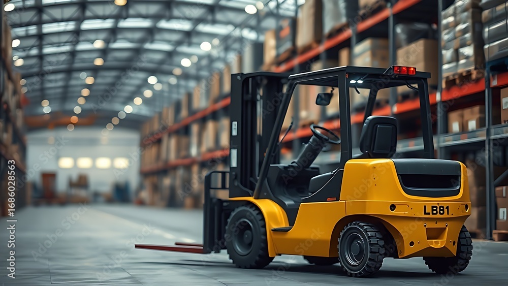 Fototapeta premium Industrial warehouse scene with forklift loader, logistics theme and blurred background.